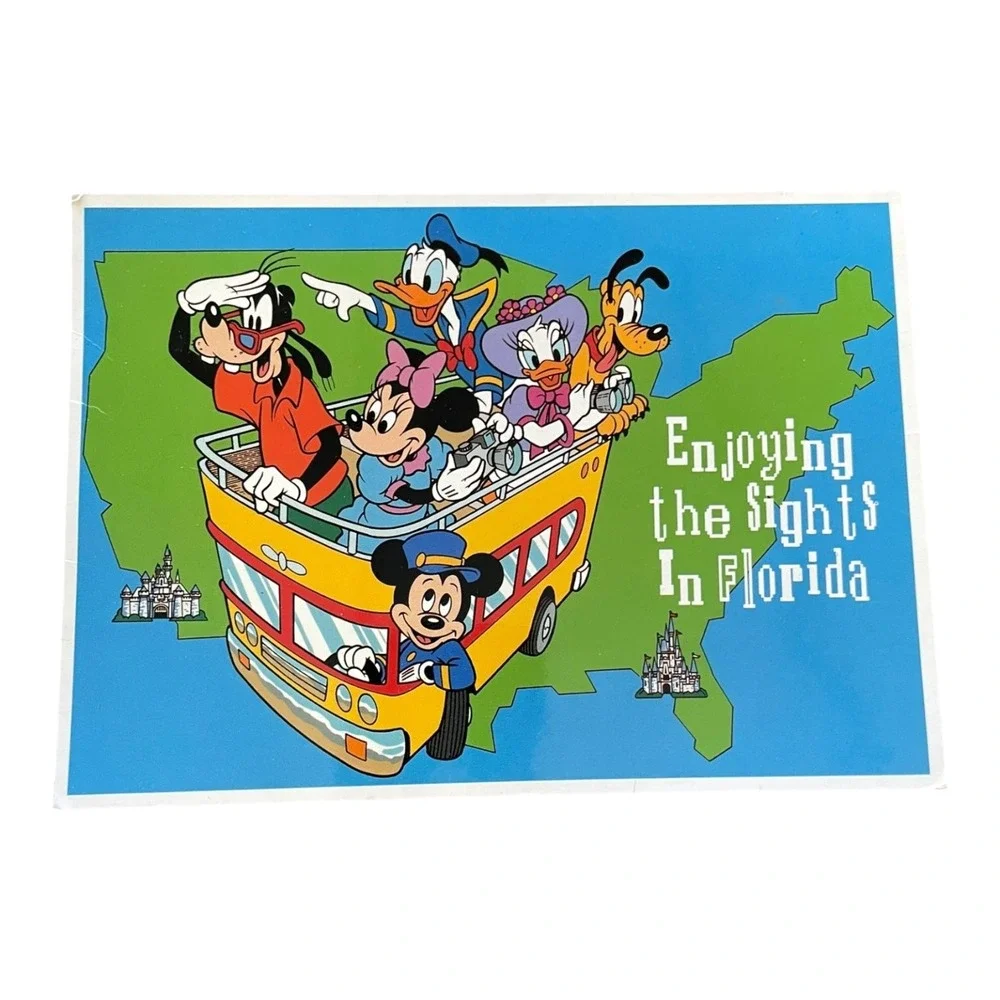 Disney Parks Postcard Mickey & Friends Enjoying Sights In Florida Bus Map PICA
